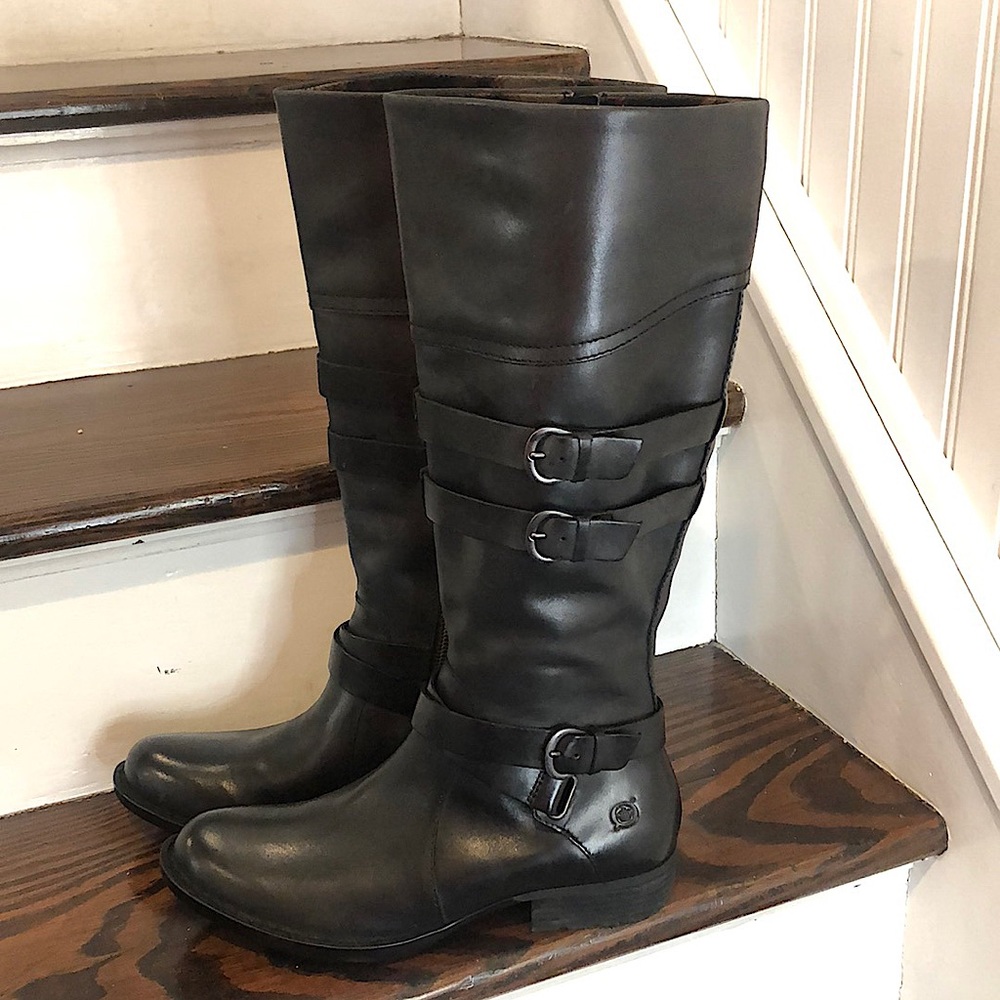 BORN Black Knee High Leather Moto Riding Boots w Straps Buckles NWOT SZ 8